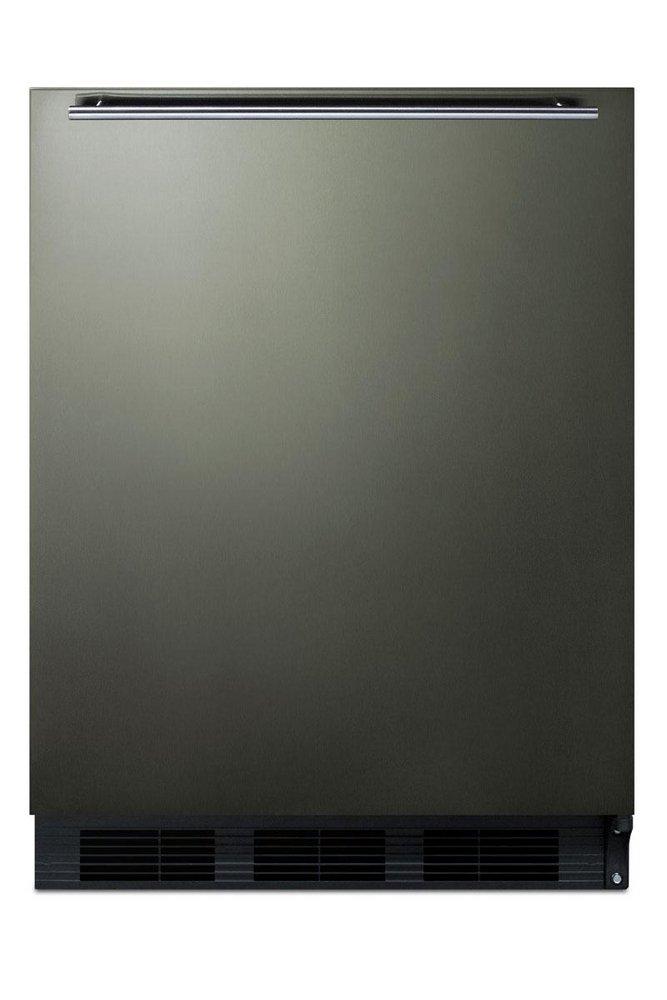 BUILT-IN UNDERCOUNTER ALL-REFRIGERATOR FOR RESIDENTIAL USE AUTO DEFROST WITH A BLACK STAINLESS STEEL WRAPPED DOOR HORIZONTAL HANDLE AND BLACK CABINET 