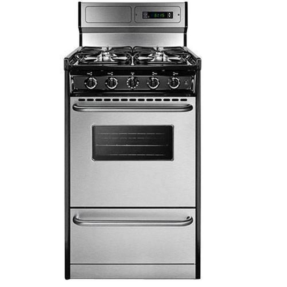 20 WIDE GAS RANGE IN STAINLESS STEEL OPEN BURNERS AND CLOCK/TIMER ON HIGH BACKGUARD 