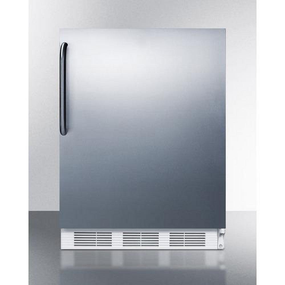 ADA COMPLIANT BUILT-IN UNDERCOUNTER ALL-REFRIGERATOR FOR RESIDENTIAL USE AUTO DEFROST WITH STAINLESS STEEL WRAPPED DOOR TOWEL BAR HANDLE AND WHITE CABINET 