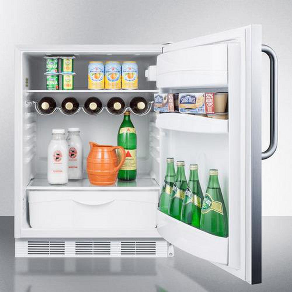 ADA COMPLIANT BUILT-IN UNDERCOUNTER ALL-REFRIGERATOR FOR RESIDENTIAL USE AUTO DEFROST WITH STAINLESS STEEL WRAPPED DOOR TOWEL BAR HANDLE AND WHITE CABINET 
