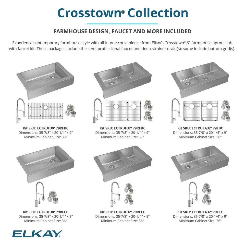 ELKAY CROSSTOWN 18 GAUGE STAINLESS STEEL 36 X 21 X 9 SINGLE BOWL FARMHOUSE SINK FAUCET & DRAIN KIT 