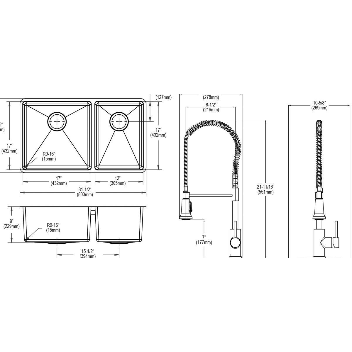 ELKAY CROSSTOWN 18 GAUGE STAINLESS STEEL 32 X 18-1/2 X 9 60/40 DOUBLE BOWL UNDERMOUNT SINK FAUCET BOTTOM GRID & DRAIN KIT 