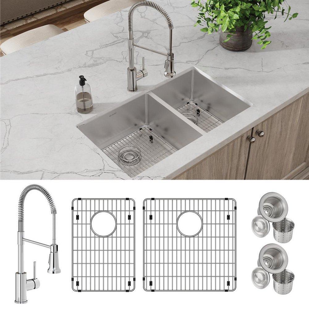 32 x 18-1/2 in. Stainless Steel 60/40 Double Bowl Undermount Kitchen Sink Kit 