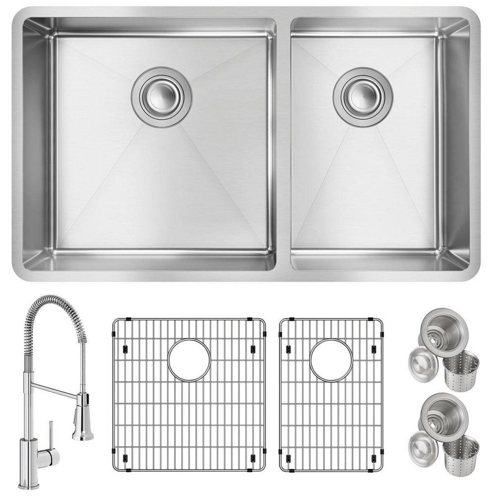 ELKAY CROSSTOWN 18 GAUGE STAINLESS STEEL 32 X 18-1/2 X 9 60/40 DOUBLE BOWL UNDERMOUNT SINK FAUCET BOTTOM GRID & DRAIN KIT 