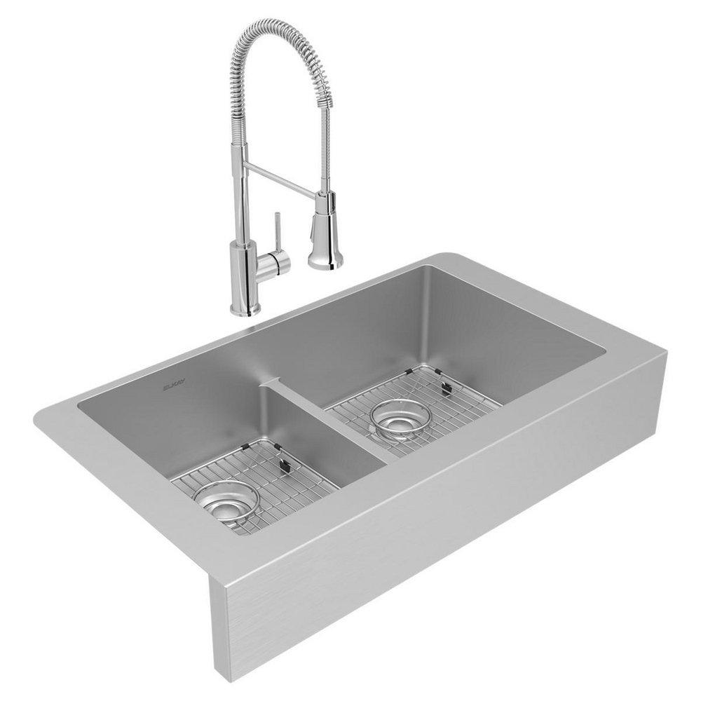 Elkay Polished Satin 35-7/8 x 20-1/4 in. No Hole Stainless Steel 2 Bowl Farmhouse Kitchen Sink 