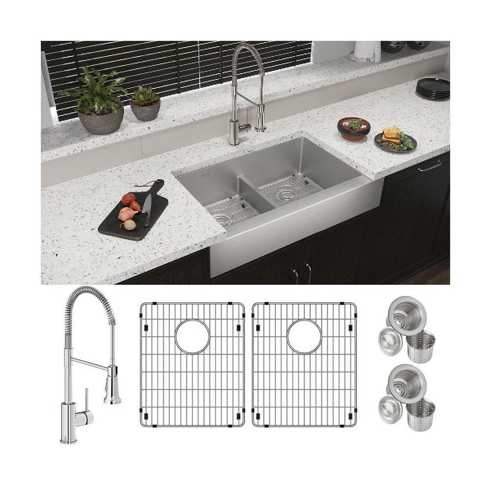 Elkay Polished Satin 35-7/8 x 20-1/4 in. No Hole Stainless Steel 2 Bowl Farmhouse Kitchen Sink 