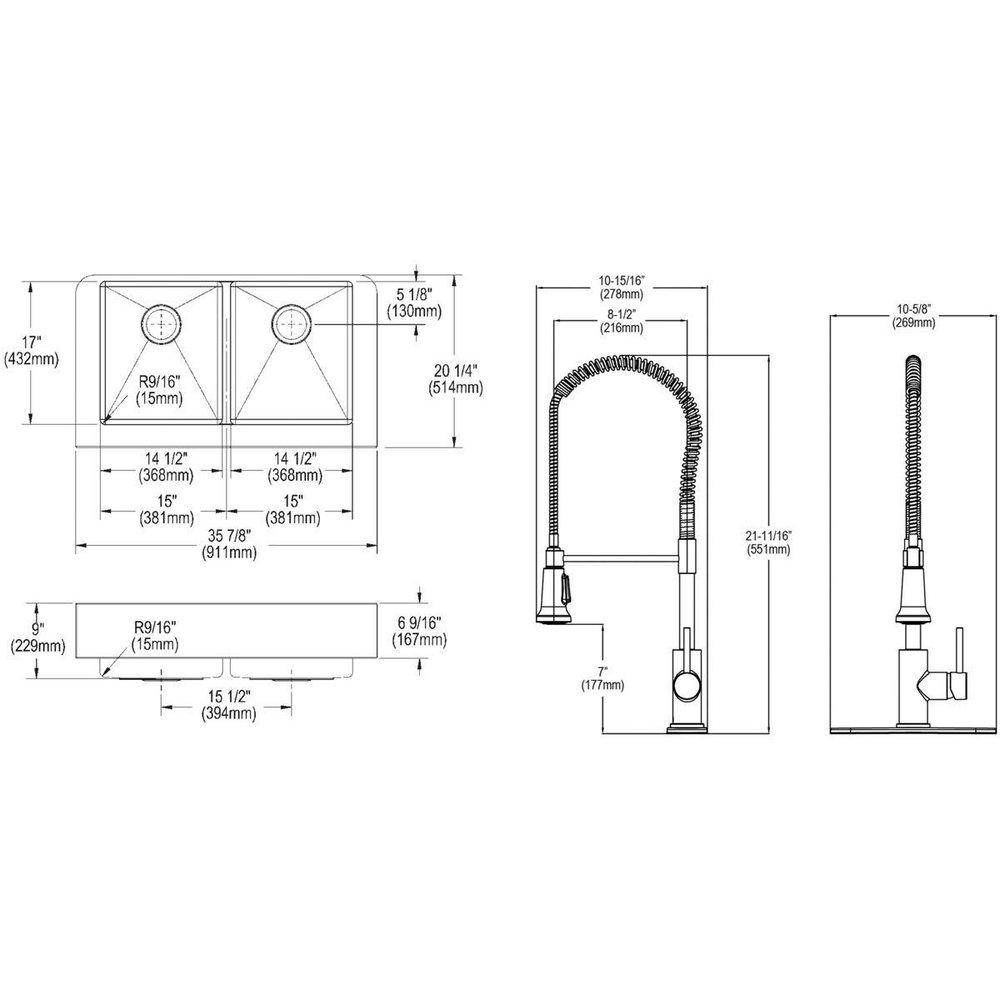 Elkay Polished Satin 35-7/8 x 20-1/4 in. No Hole Stainless Steel 2 Bowl Farmhouse Kitchen Sink 