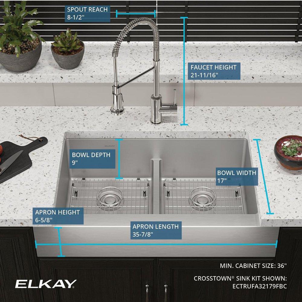 Elkay Polished Satin 35-7/8 x 20-1/4 in. No Hole Stainless Steel 2 Bowl Farmhouse Kitchen Sink 