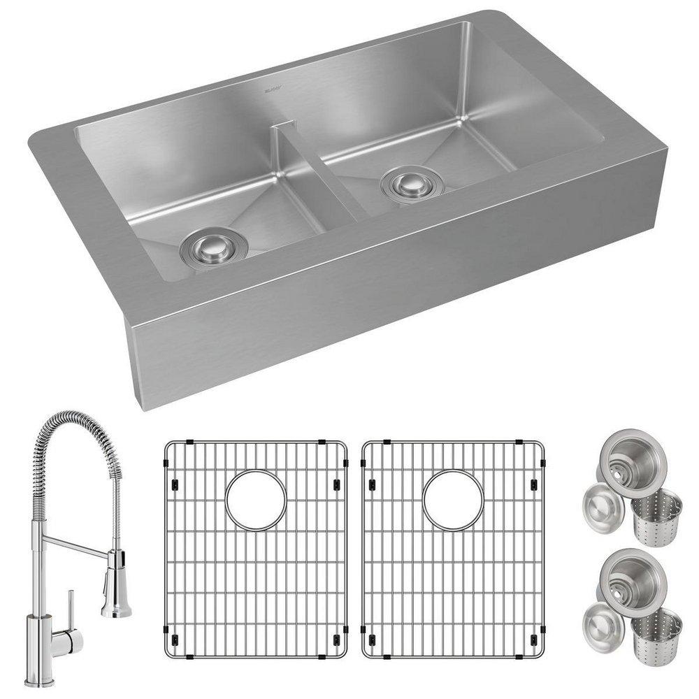 Elkay Polished Satin 35-7/8 x 20-1/4 in. No Hole Stainless Steel 2 Bowl Farmhouse Kitchen Sink 