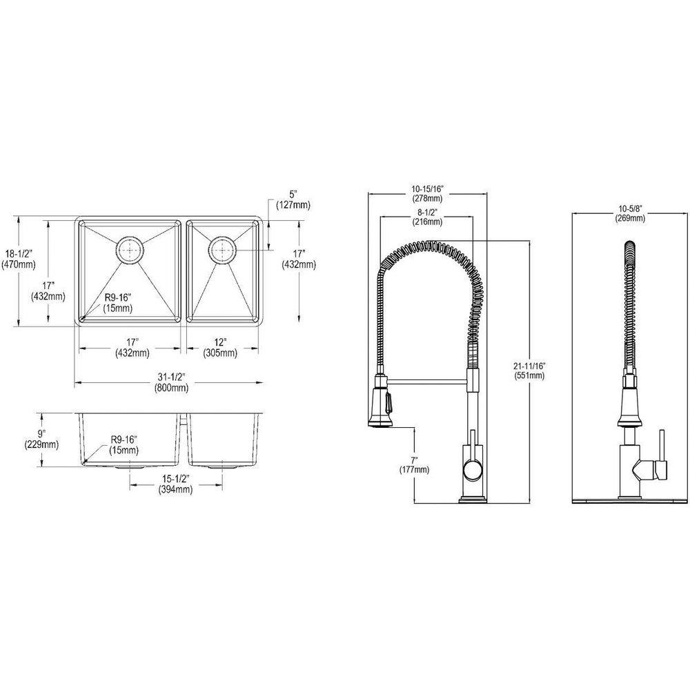 32 x 18-1/2 in. Stainless Steel 60/40 Double Bowl Undermount Kitchen Sink Kit 