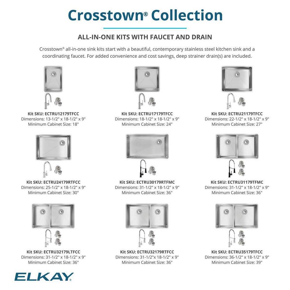 ELKAY CROSSTOWN 18 GAUGE STAINLESS STEEL 32 X 18-1/2 X 9 60/40 DOUBLE BOWL UNDERMOUNT SINK FAUCET & DRAIN KIT 