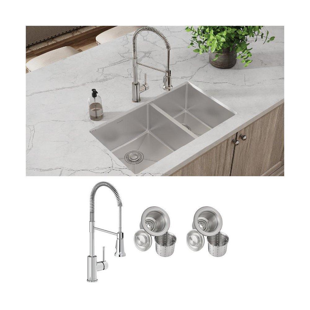 ELKAY CROSSTOWN 18 GAUGE STAINLESS STEEL 32 X 18-1/2 X 9 60/40 DOUBLE BOWL UNDERMOUNT SINK FAUCET & DRAIN KIT 