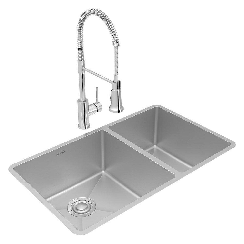 ELKAY CROSSTOWN 18 GAUGE STAINLESS STEEL 32 X 18-1/2 X 9 60/40 DOUBLE BOWL UNDERMOUNT SINK FAUCET & DRAIN KIT 