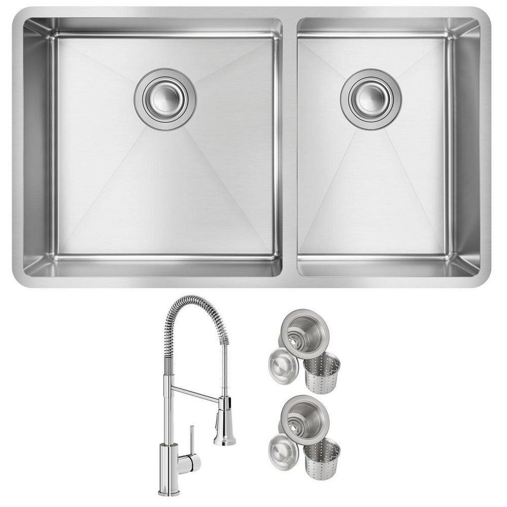 ELKAY CROSSTOWN 18 GAUGE STAINLESS STEEL 32 X 18-1/2 X 9 60/40 DOUBLE BOWL UNDERMOUNT SINK FAUCET & DRAIN KIT 