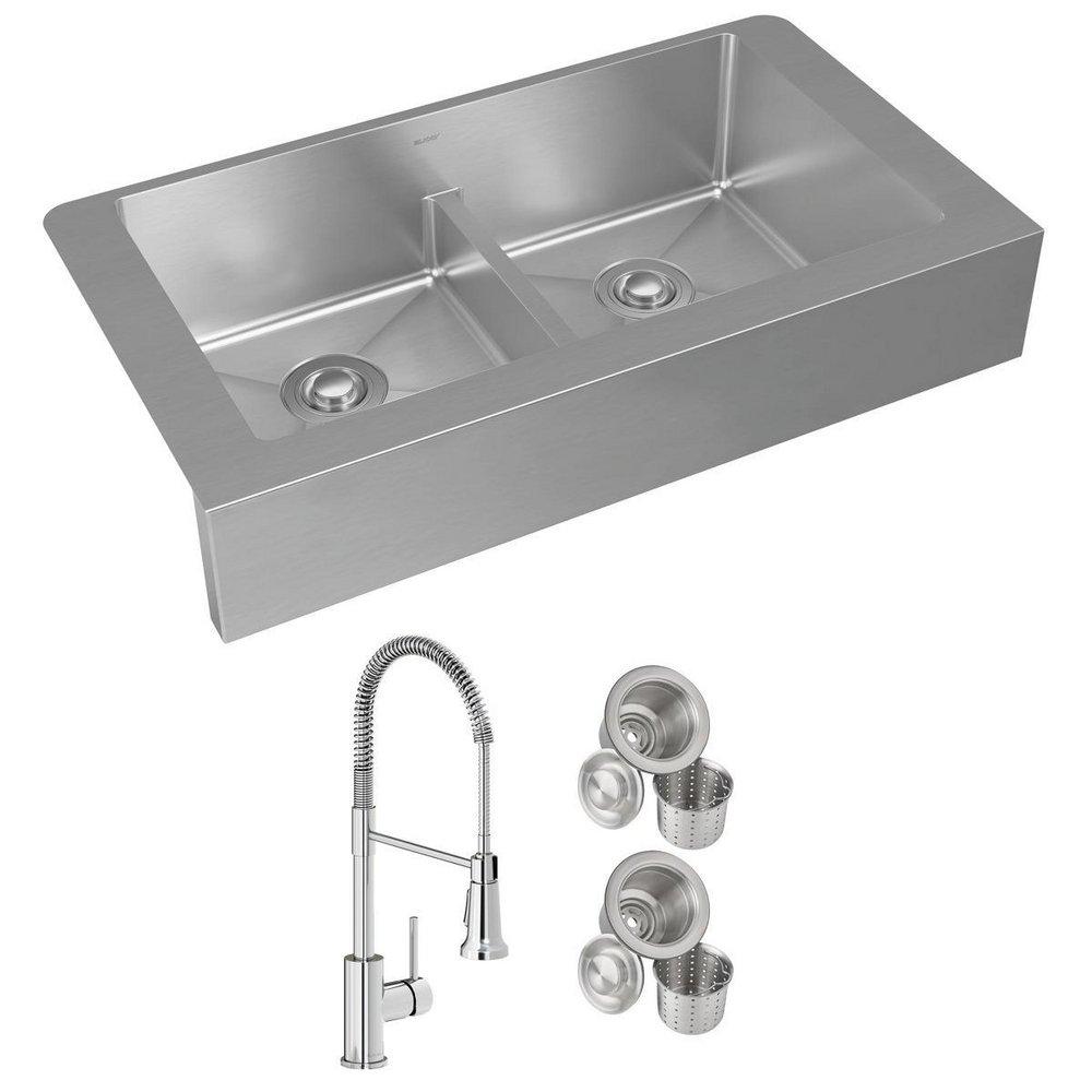 ELKAY CROSSTOWN 18 GAUGE STAINLESS STEEL 36 X 21 X 9 EQUAL DOUBLE BOWL FARMHOUSE SINK FAUCET & DRAIN KIT WITH AQUA DIVIDE 