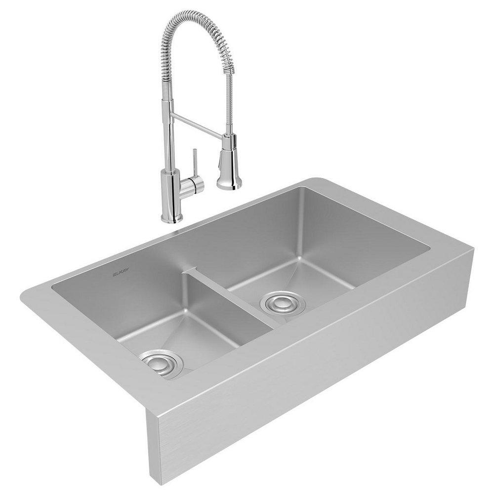 ELKAY CROSSTOWN 18 GAUGE STAINLESS STEEL 36 X 21 X 9 EQUAL DOUBLE BOWL FARMHOUSE SINK FAUCET & DRAIN KIT WITH AQUA DIVIDE 