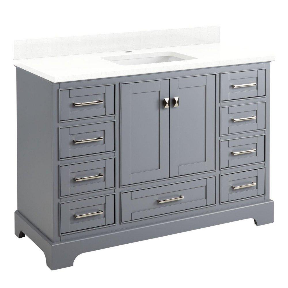 48 VANITY WITH RECTANGULAR UNDERMOUNT SINK GRAY FEATHERED WHITE QUARTZ SINGLE HOLE 