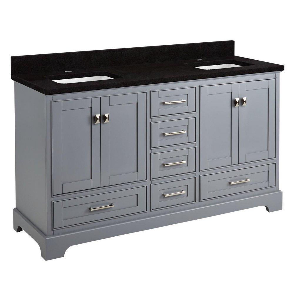 60 DOUBLE VANITY WITH RECTANGULAR UNDERMOUNT SINKS GRAY ABSOLUTE BLACK GRANITE SINGLE HOLE 
