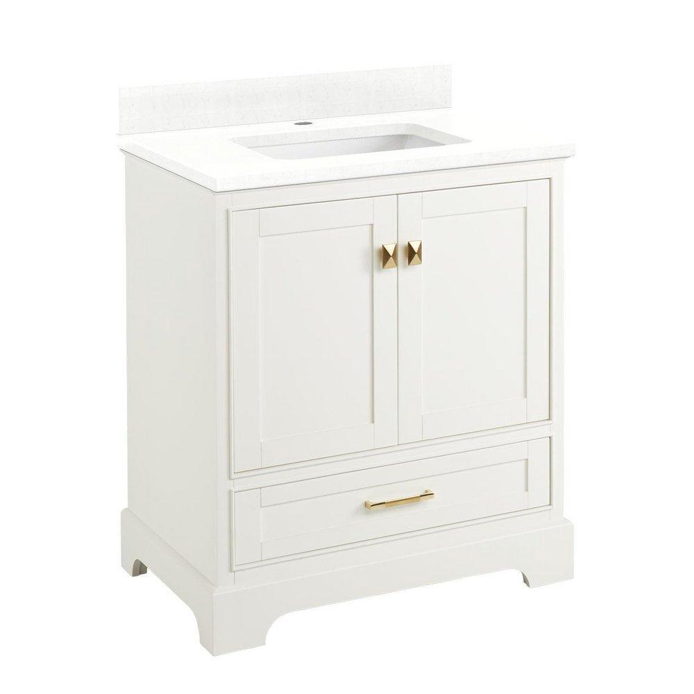 30 VANITY WITH RECTANGULAR UNDERMOUNT SINK SOFT WHITE FEATHERED WHITE QUARTZ SINGLE HOLE 