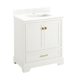 30 in. Floor Mount Vanity in Soft White with Feathered White Quartz