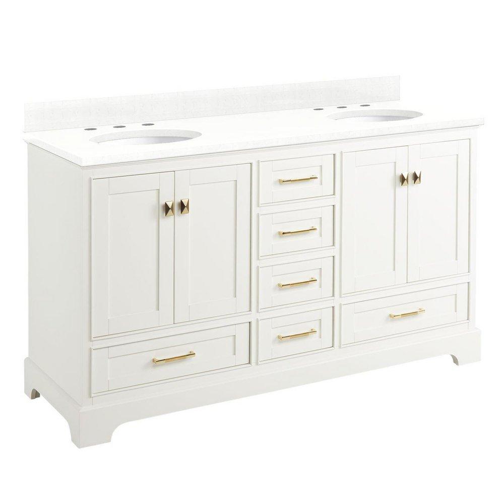 60 DOUBLE VANITY WITH UNDERMOUNT SINKS SOFT WHITE FEATHERED WHITE QUARTZ WIDESPREAD 