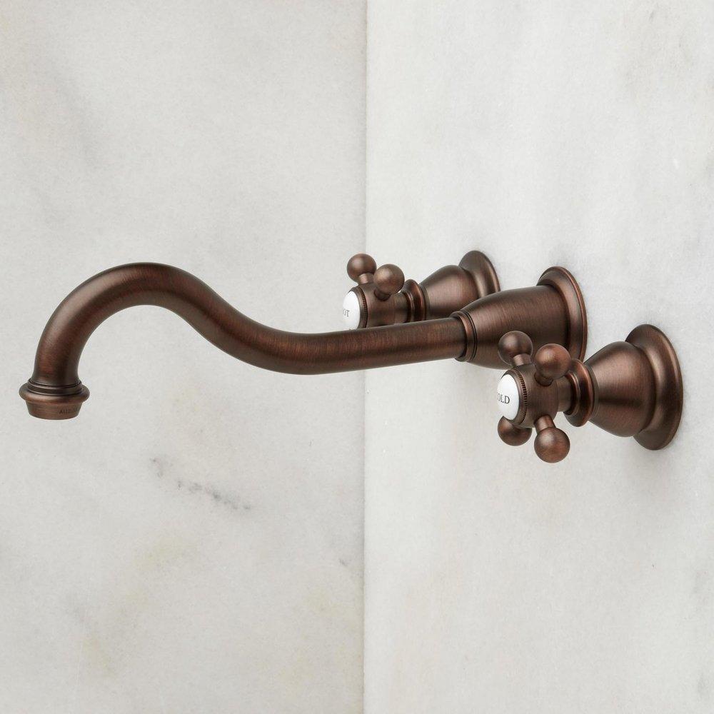 Signature Hardware Oil Rubbed Bronze Two Handle Wall Mount Widespread Bathroom Sink Faucet 