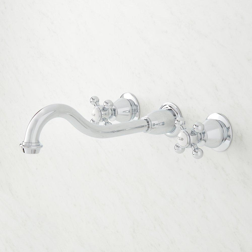 Signature Hardware Chrome Two Handle Wall Mount Widespread Bathroom Sink Faucet 