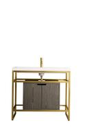 BOSTON 39.5IN STAINLESS STEEL SINK CONSOLE RADIANT GOLD W ASH GRAY STORAGE CABINET WHITE GLOSSY COMPOSITE COUNTERTOP