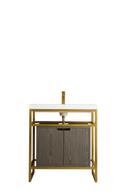 BOSTON 31.5IN STAINLESS STEEL SINK CONSOLE RADIANT GOLD W ASH GRAY STORAGE CABINET WHITE GLOSSY COMPOSITE COUNTERTOP