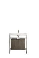 BOSTON 31.5IN STAINLESS STEEL SINK CONSOLE BRUSHED NICKEL W ASH GRAY STORAGE CABINET WHITE GLOSSY COMPOSITE COUNTERTOP