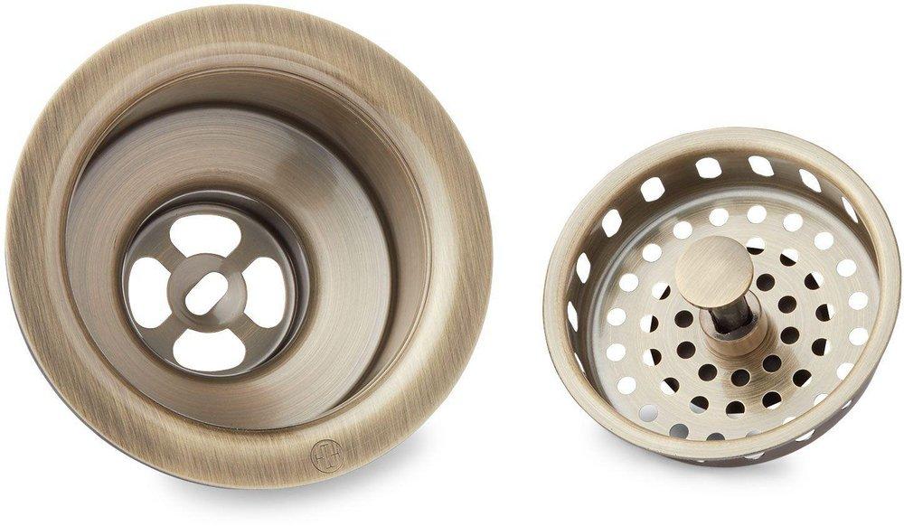 Signature Hardware Aged Brass 3 1/2 in. Brass Basket Strainer with Lift Stopper 