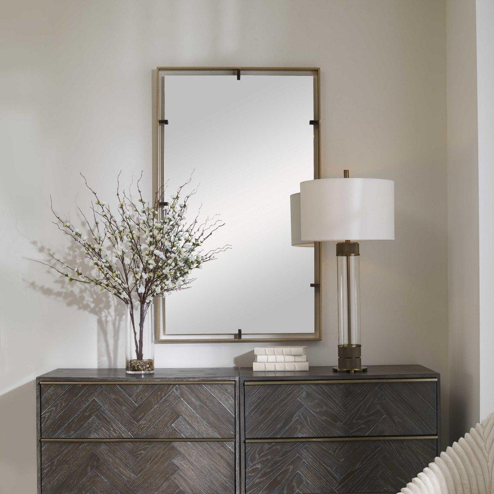 Uttermost Warm Gold 2 x 29-3/8 in. Framed Mirror Rectangular in Warm Gold with Aged Bronze 