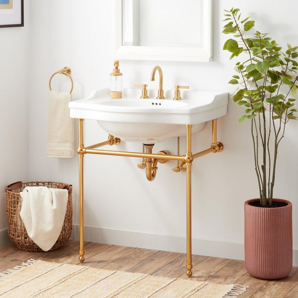 30 x 22 in. Console Bathroom Sink with Brass Stand in Matte Black 