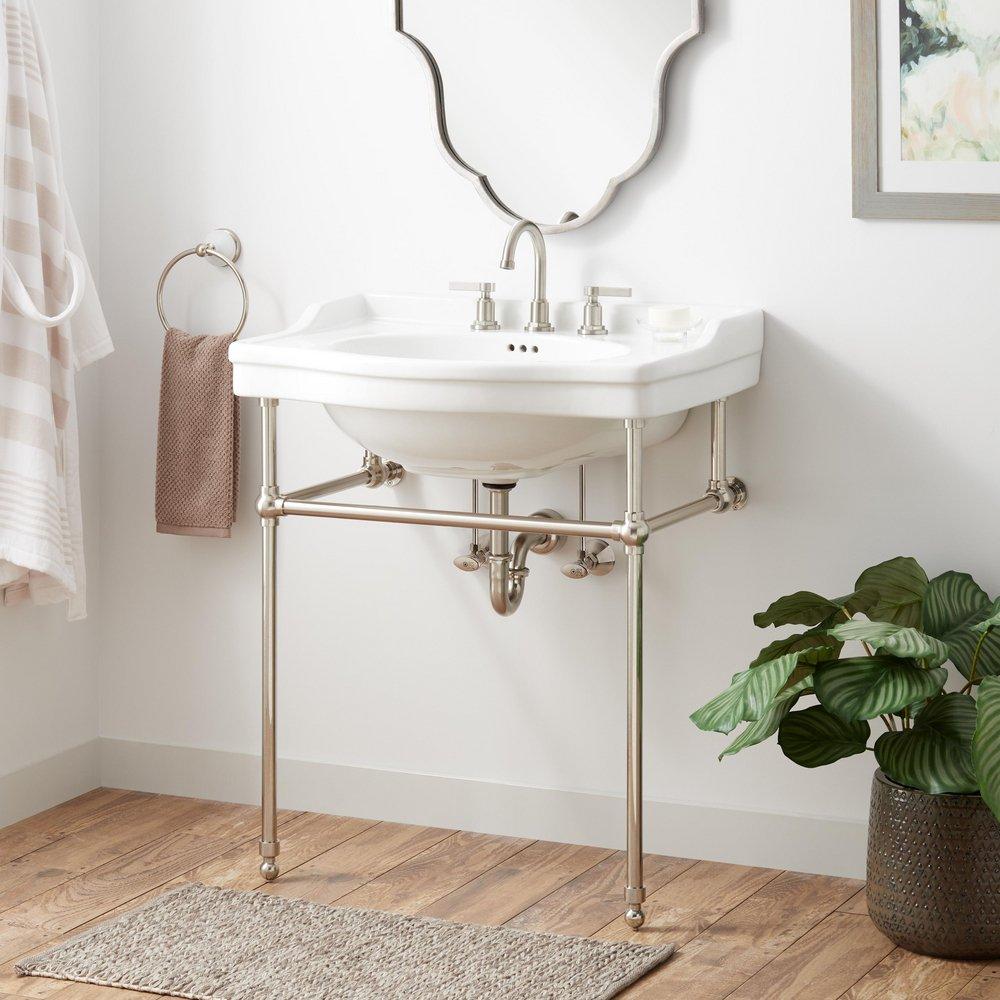 30 x 22 in. Console Bathroom Sink with Brass Stand in Matte Black 