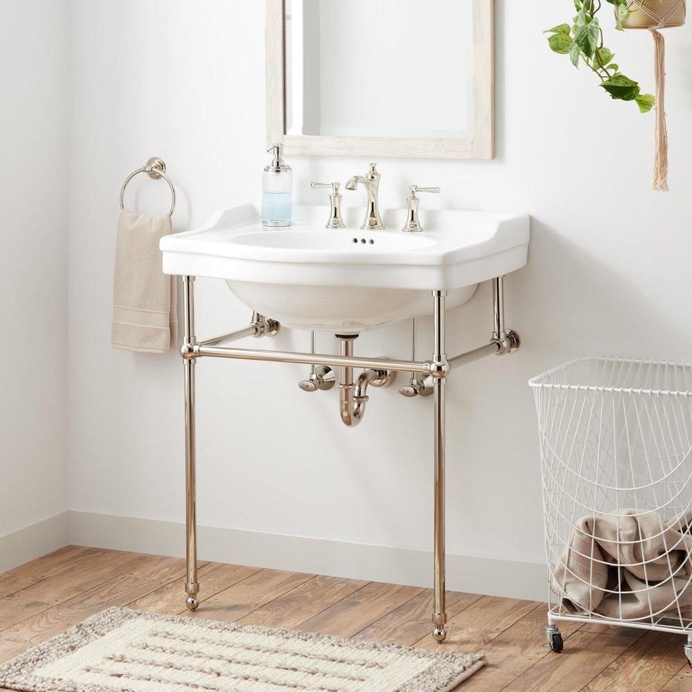 30 x 22 in. Console Bathroom Sink with Brass Stand in Polished Nickel 