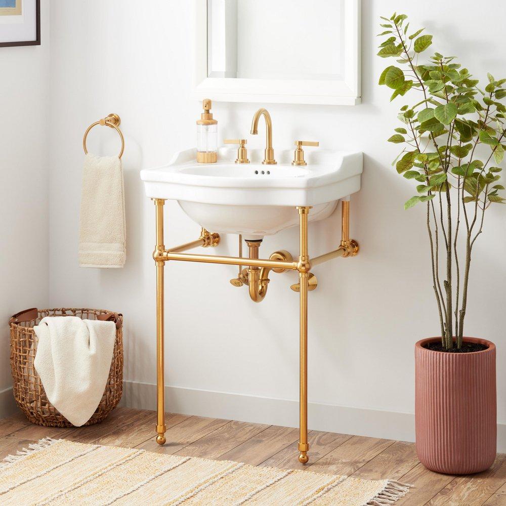 24 x 19 in. Console Bathroom Sink with Brass Stand in Matte Black 