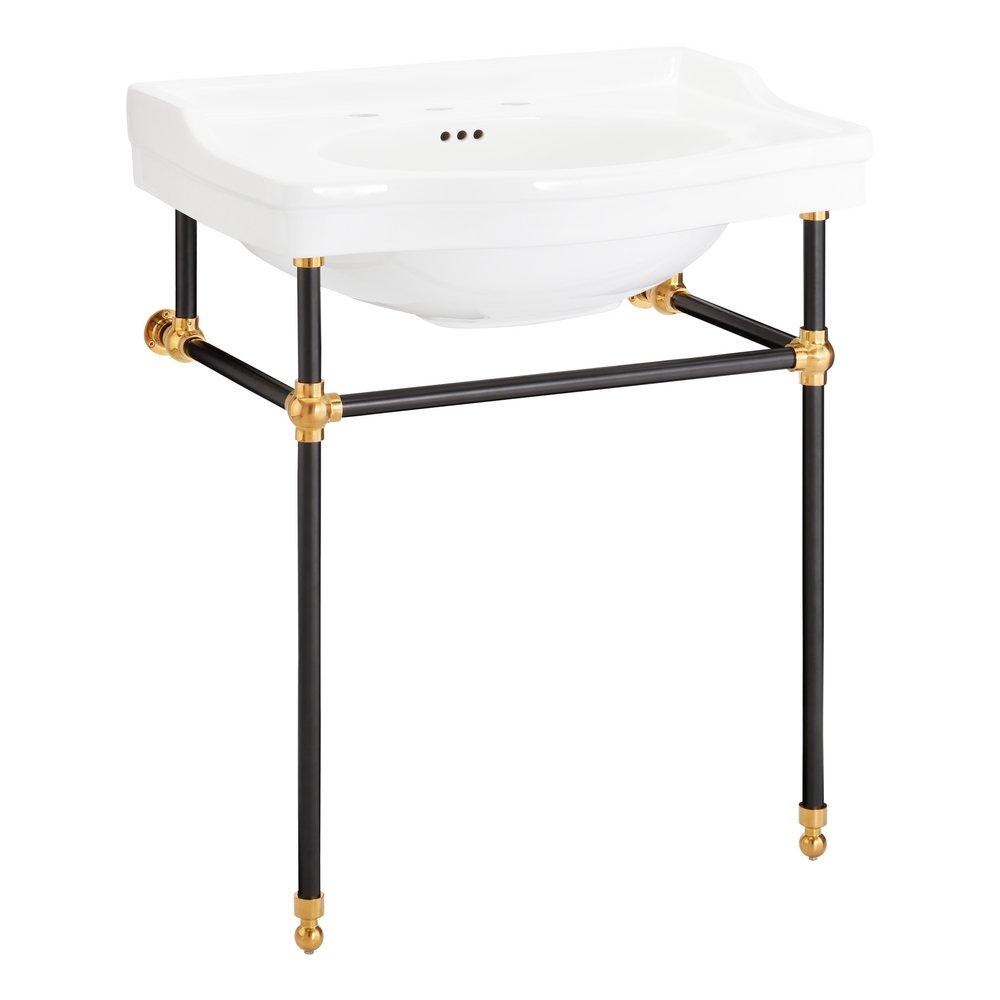 30 x 22 in. Console Bathroom Sink with Brass Stand in Black and Gold 