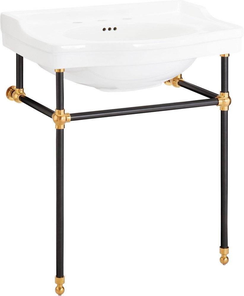 30 x 22 in. Console Bathroom Sink with Brass Stand in Black and Gold 