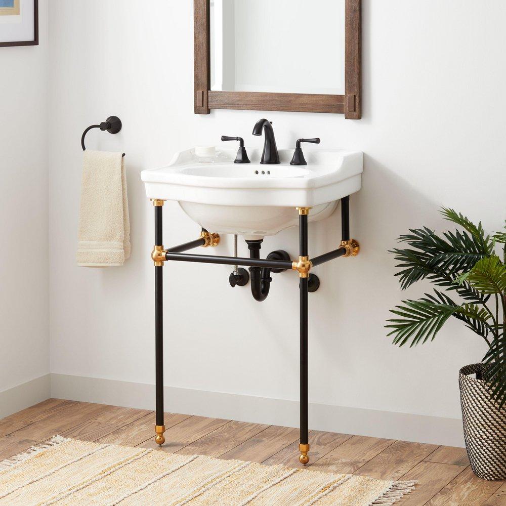 24 x 19 in. Console Bathroom Sink with Brass Stand in Black and Gold 
