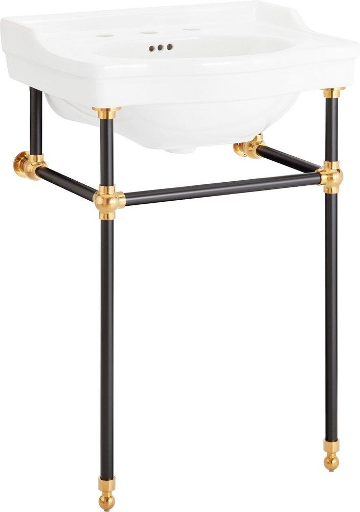 24 x 19 in. Console Bathroom Sink with Brass Stand in Black and Gold 
