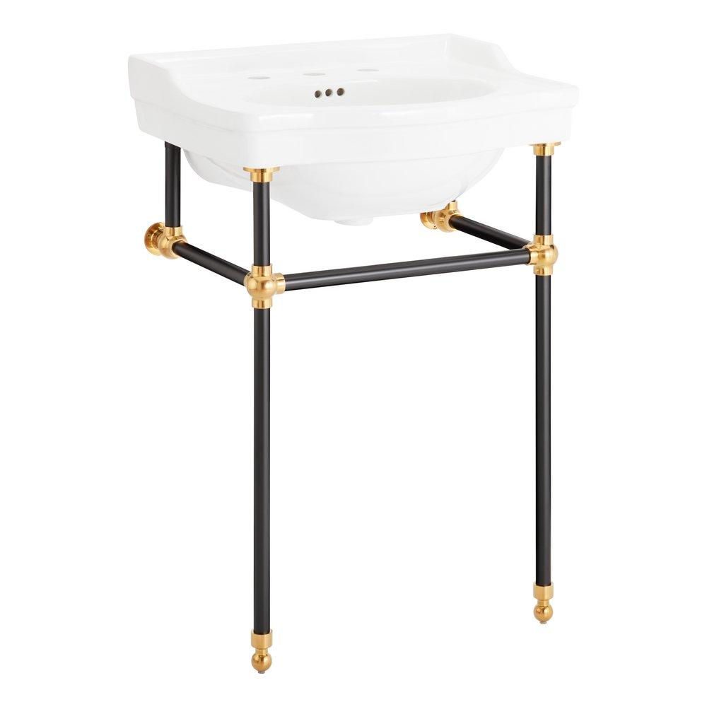 24 x 19 in. Console Bathroom Sink with Brass Stand in Black and Gold 