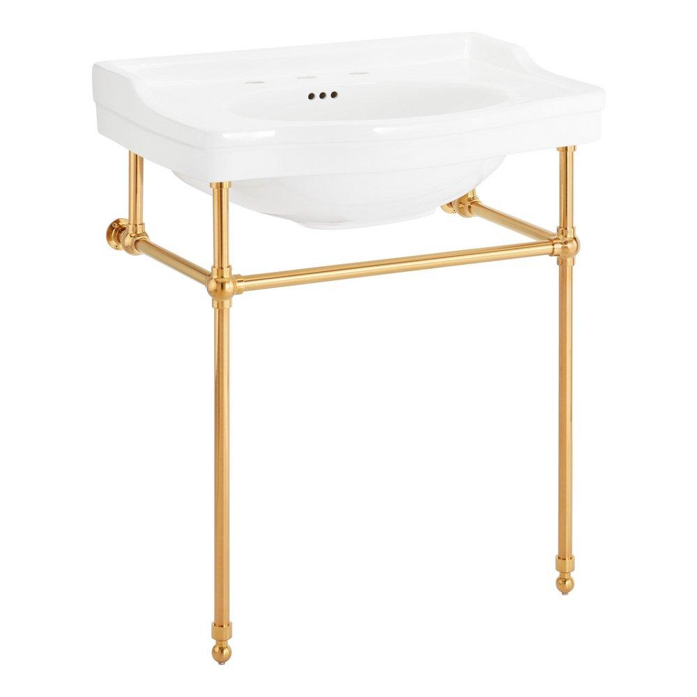 30 x 22 in. Console Bathroom Sink with Brass Stand in Brushed Gold 