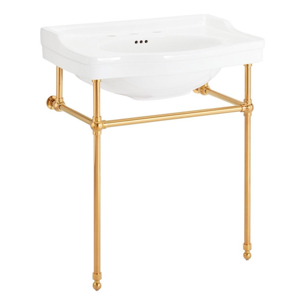 30 x 22 in. Console Bathroom Sink with Brass Stand in Brushed Gold 