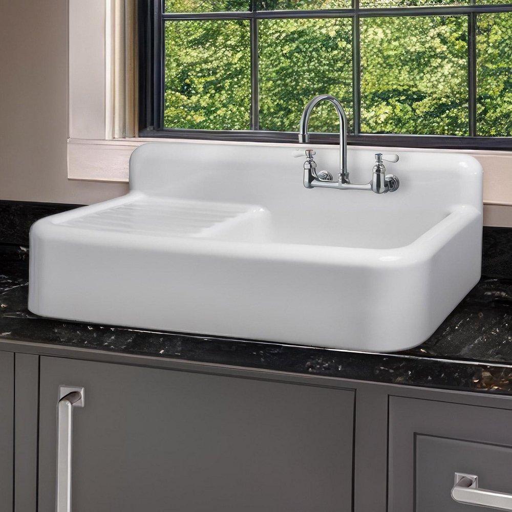 Whitehaus Collection White 41-3/4 x 32 in. 1 Hole Fireclay 2 Bowl Farmhouse Kitchen Sink 