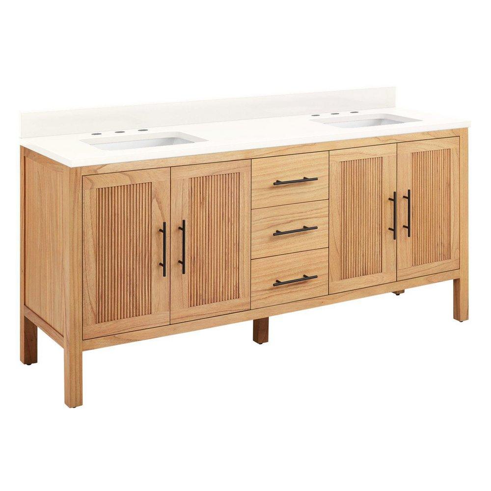 Signature Hardware Natural Mindi Floor Mount Vanity in Natural Mindi with Arctic White Quartz 