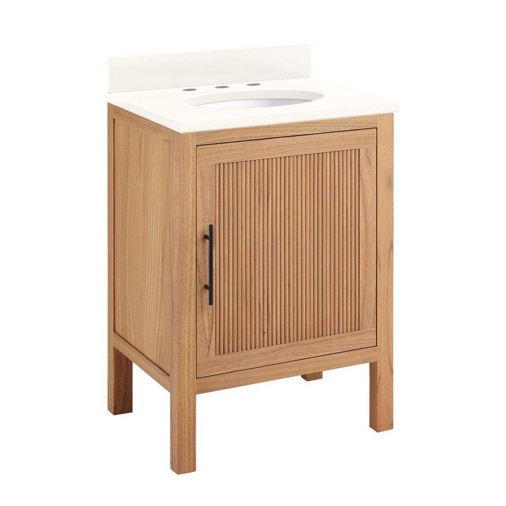 24 in. Floor Mount Vanity in Natural Wood with Arctic White Quartz 