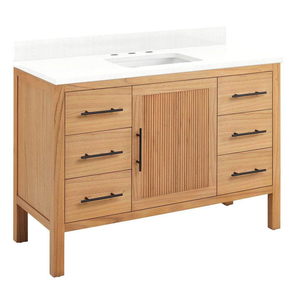 Signature Hardware Natural Mindi Floor Mount Vanity in Natural Mindi with Feathered White Quartz 