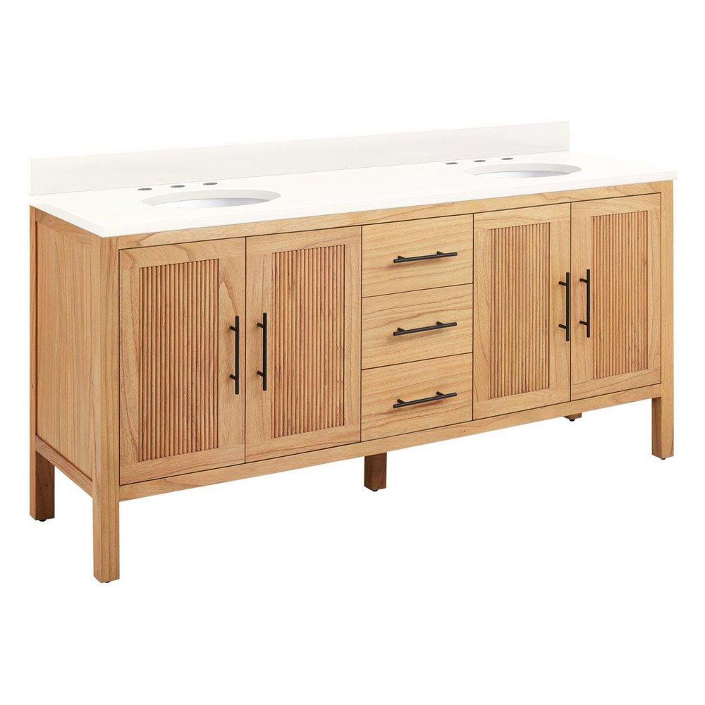 72 in. Floor Mount Vanity in Natural Wood with Arctic White Quartz 
