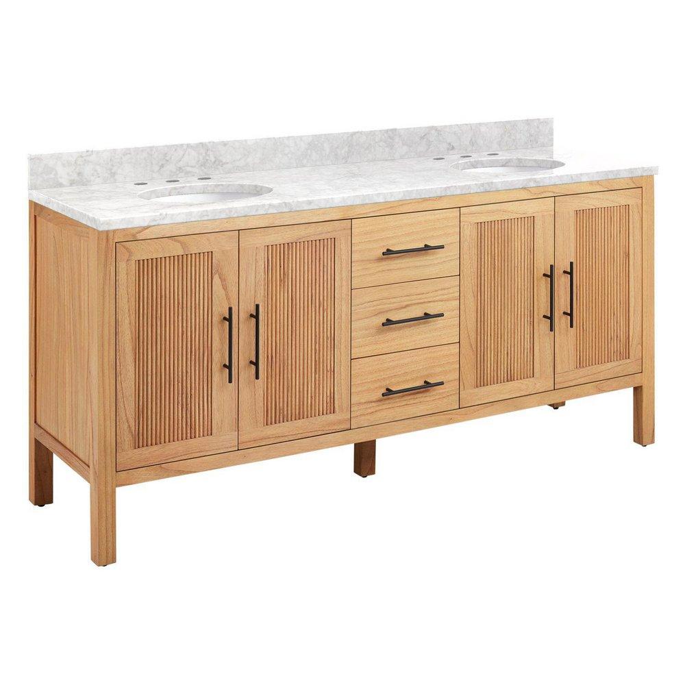 Signature Hardware Natural Mindi Floor Mount Vanity in Natural Mindi with Carrara Marble 