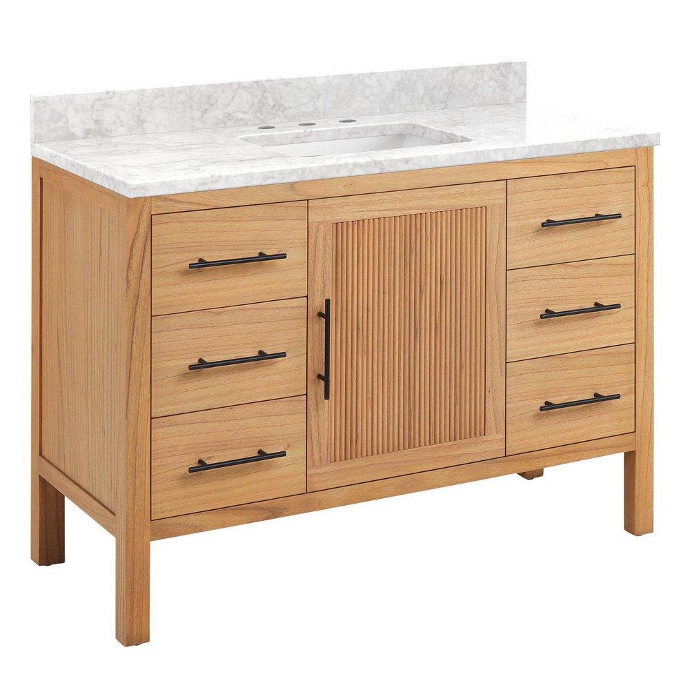 Signature Hardware Natural Mindi Floor Mount Vanity in Natural Mindi with Carrara Marble 